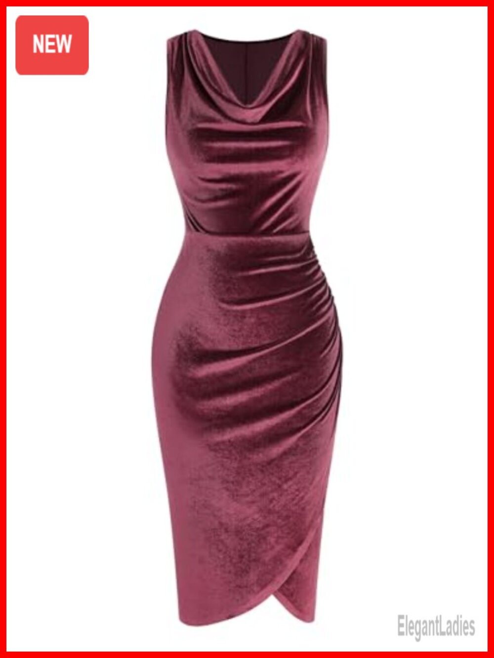 Velvet Ruched Bodycon Cowl Neck Midi Cocktail Wedding Guest Dress